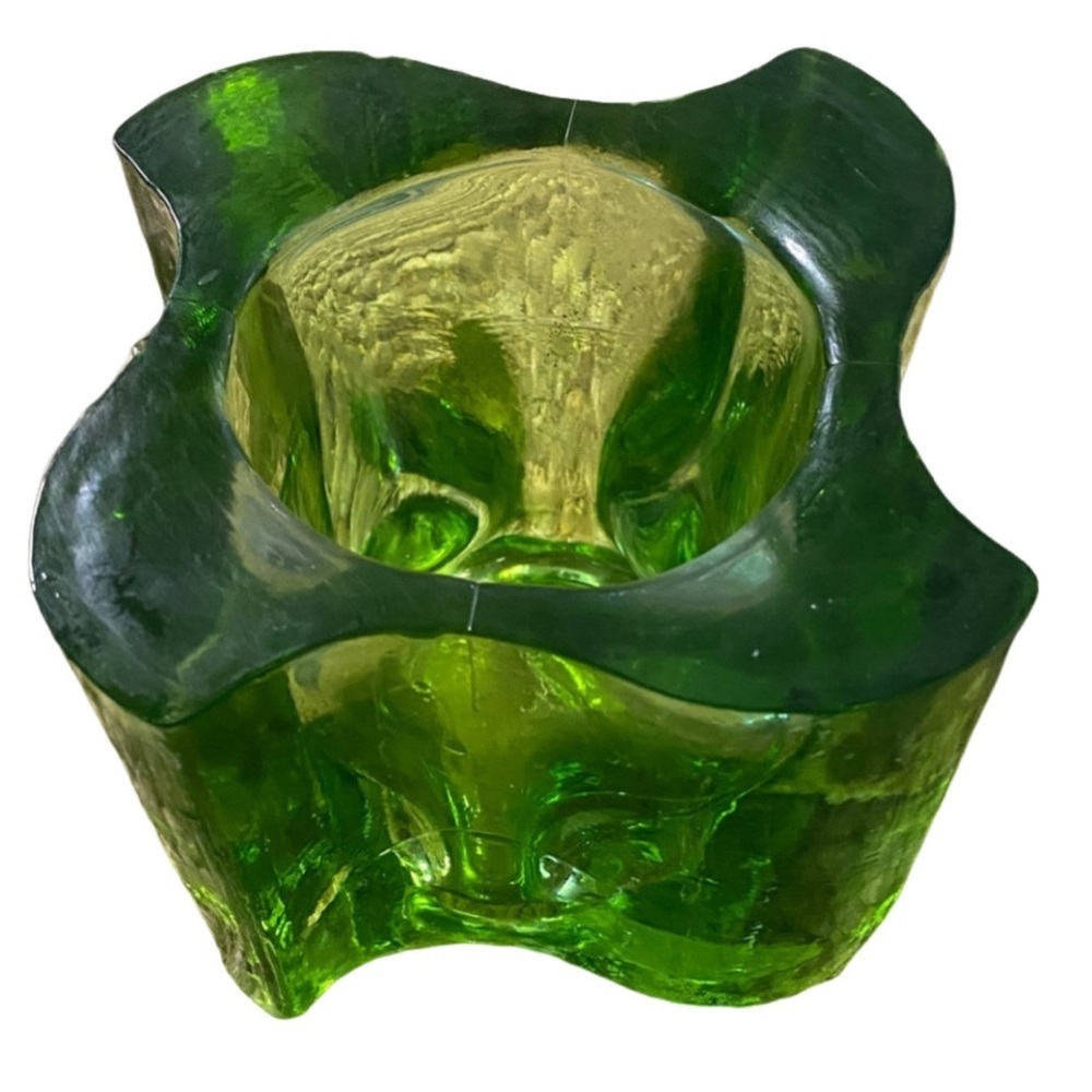 Green Glass Art Piece. Candle Holder. Heavyweight. Beautiful. Made in Spain.